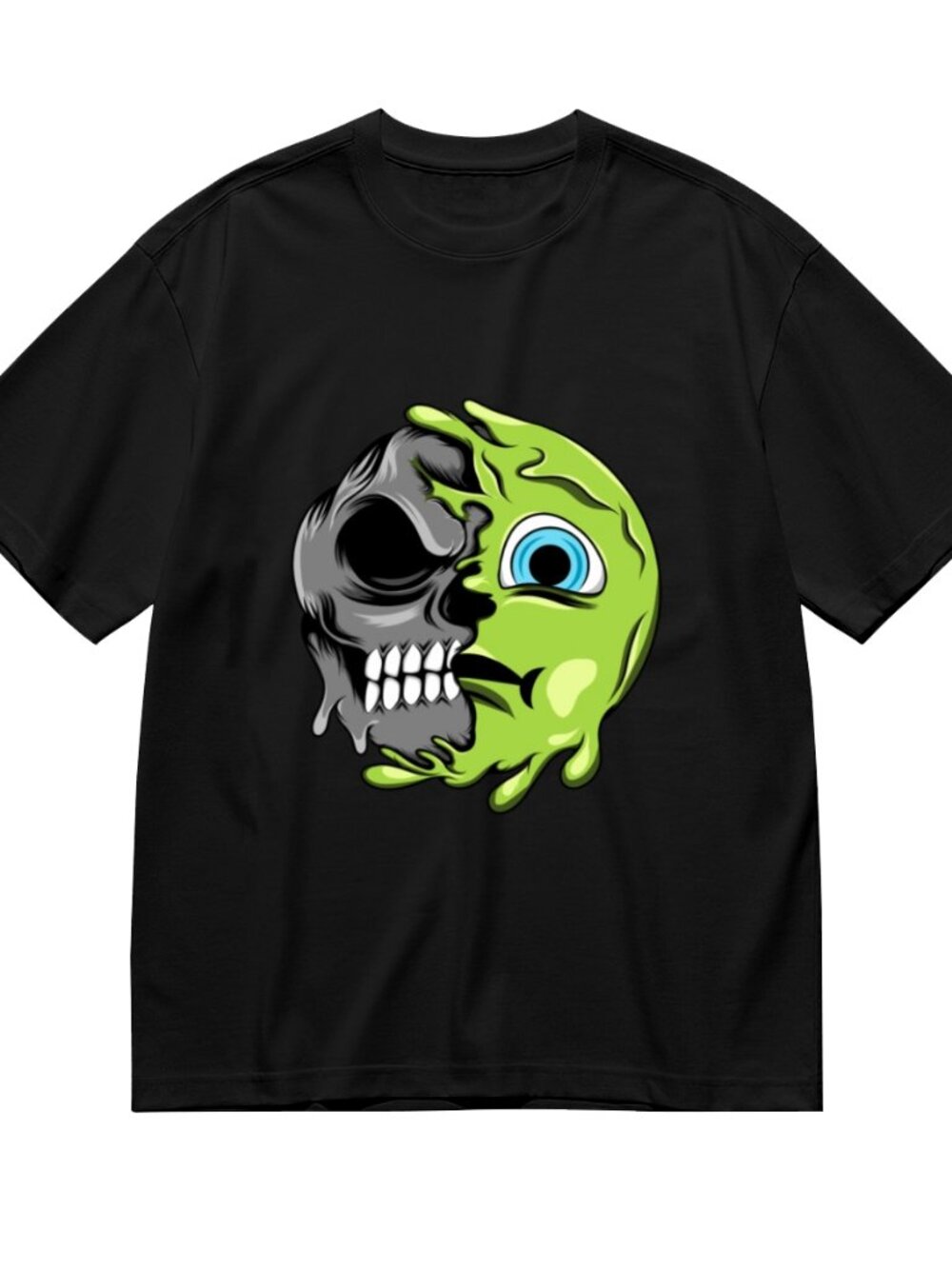 Black Short Sleeve Graphic Tee with Green Skull-Moon Design - Picture 3 of 5